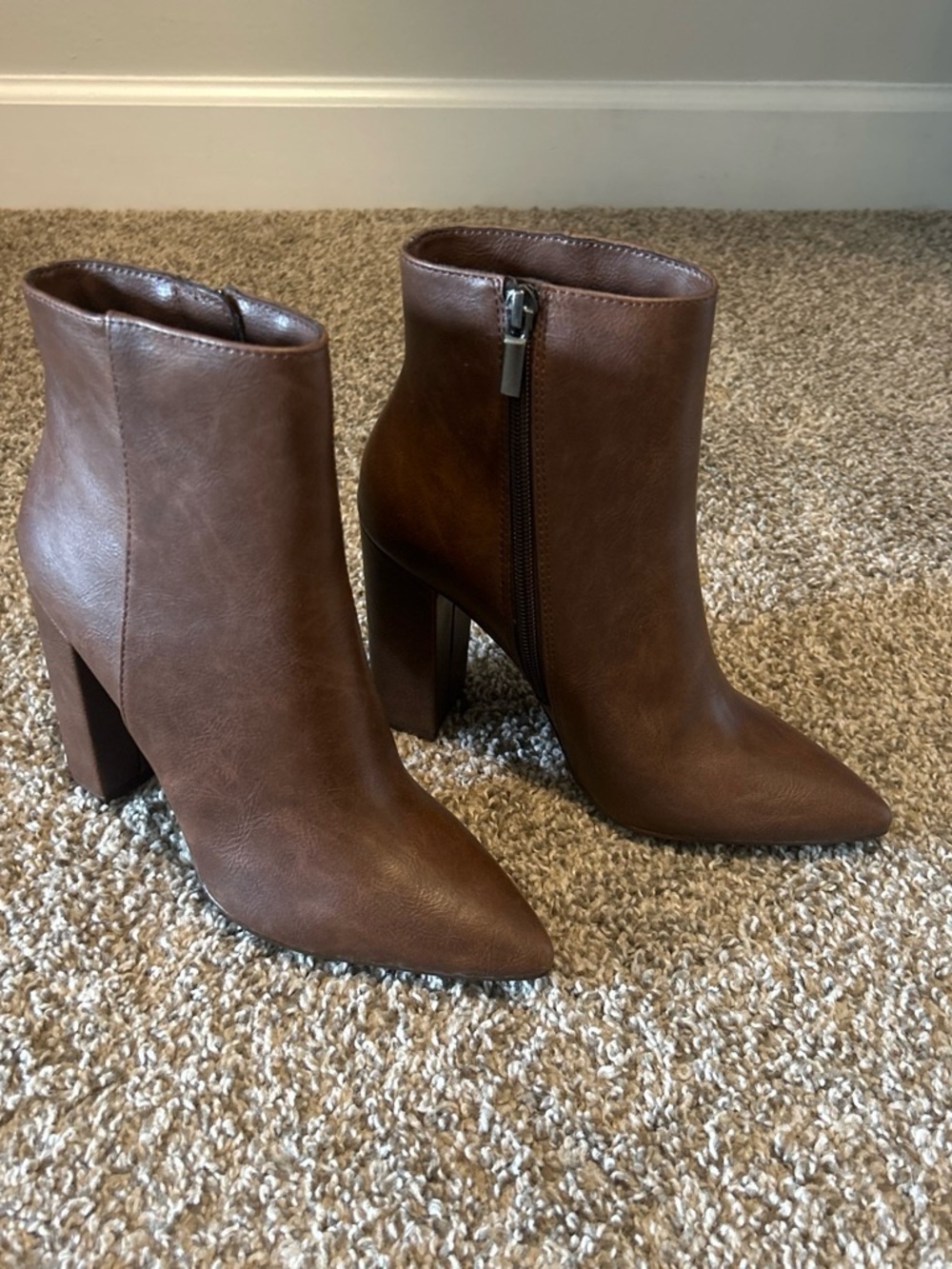 JustFab Brown Pointed Ankle Booties with Block Heel